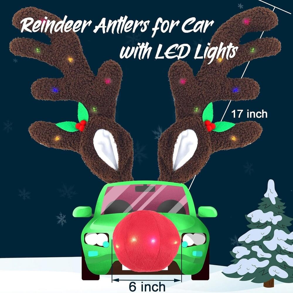 IC ICLOVER Reindeer Antlers & Red Nose for Cars with LED Lights,